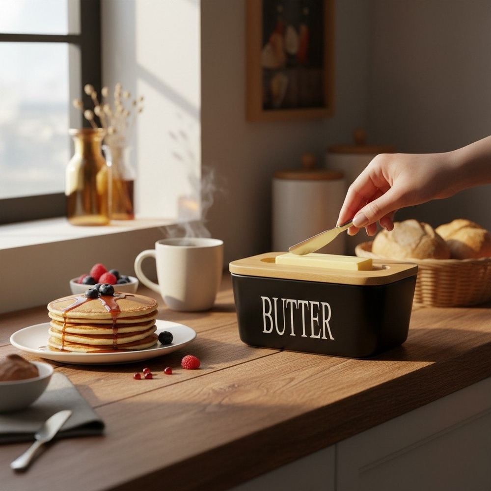 Hasense Butter Dish with Lid and Knife Black Ceramic Modern Farmhouse Brand New